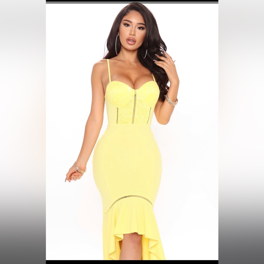 Yellow lace high low ballroom mermaid wedding guest cocktail evening dress - Picture 2 of 4